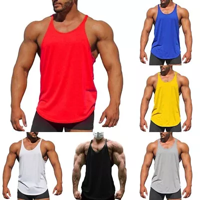 Navy Blue Muscle Crew Neck Tank Tops Men's Slim Fit Gym Vest Undershirt • £12.77