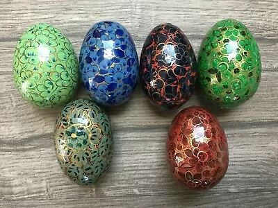 Hand Painted Wood Lacquered Decorative Eggs - Set Of 6 - In Good Condition • $33.87