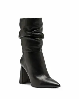 Vince Camuto AMBIE Black Leather Slouch Pointed Boot Mid Calf Block Heel • $29.99