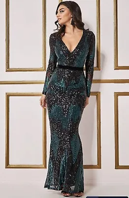 £65 • Buy Stunning GODDIVA LONG SLEEVE SEQUIN EVENING MAXI DRESS Size Uk 14 Green