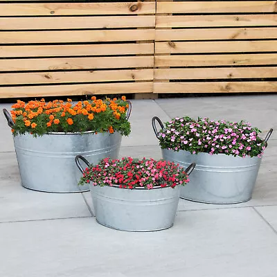 Woodside Vintage Galvanised Steel Garden & Home Flower Planter Tubs Pack Of 3 • £19.99