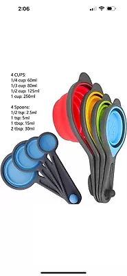 Measuring Cups & Spoons Set Of 8 Silicone Collapsible Measuring Cups+Spoons NEW • $9.94