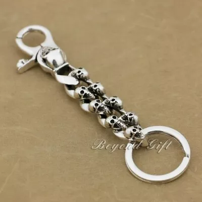 925 Sterling Silver Skulls KeyRing Mens Biker Rock Punk KeyChain 9N005KCA • $145