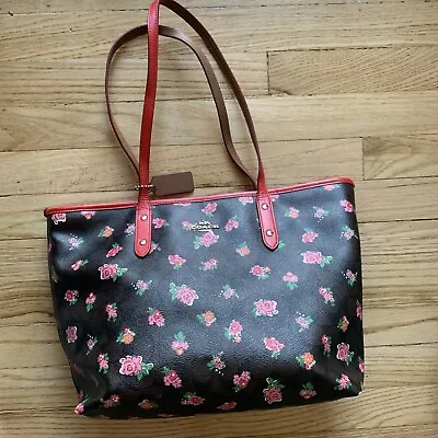 Coach Signature F57888 Red/pink/brown Multi Floral/flowers Zip Tote ~ GUC • $98.98