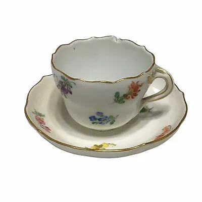 Meissen Floral Flowers Tea Cup & Saucer Scalloped Edge Crossed Swords Gold Trim • $65.99