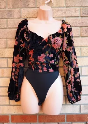 Missguided Black Pink Floral Velvet Long Sleeve Bodysuit Blouse Top 6 Xs • £14.99