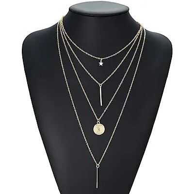 Lady 4 Layered Gold Necklace Horn Choker Beaded Chain Disc Star Pendant Jewelry  • £3.95