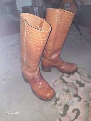 Vintage 1970s Frye Campus Cuff Knee High Tall Pull On Boots Sz 7.5 Camel Tan  • $199.99