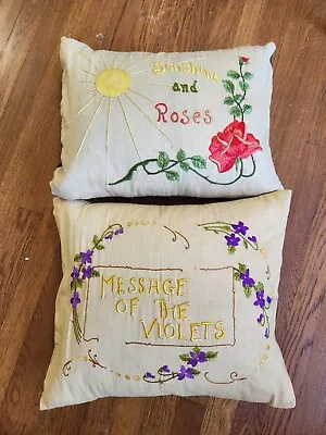 Vintage Crewel Floral Pillows Hamdmade Roses Cottage Core Granny Chic  • $39.99