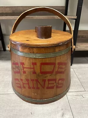 Vintage Wood Shoe Shine Wooden Bucket Pail Round Barrel With Lid And Handle • $60