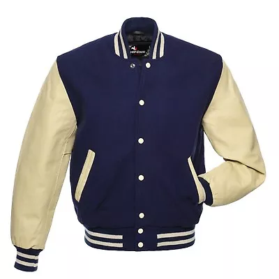 £87 • Buy NavyBlue Wool Real Leather Sleeves Cream Letterman Varsity Bomber College Jacket