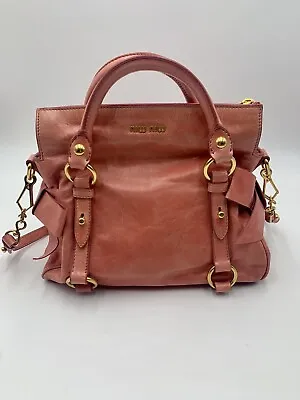 Auth Miu Miu Vitello Lux Medium Pink Calfskin Metallic Sheen Bow Preloved Bag • $375