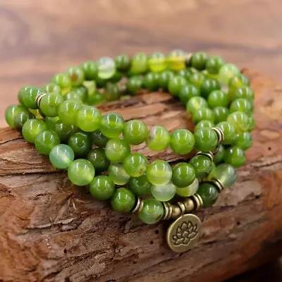 Green Jade 108 Mala Beads Prayer Necklace Healing Meditation Reiki Yoga Bracelet • $15.50