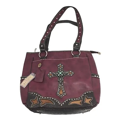 P&G Collection Purse Handbag Metal Cross Burgundy Leather Southwest Turquoise • $49.75