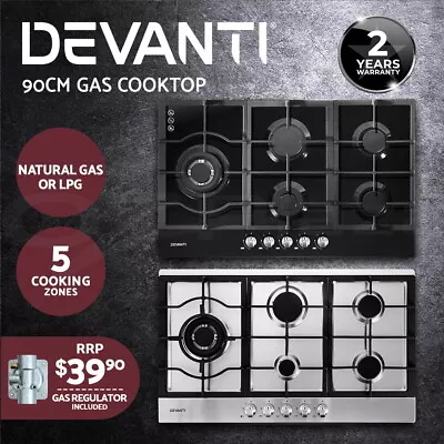 Devanti Gas Cooktop 90cm 5 Burner Glass Steel Stove Hob Cooker Kitchen NG LPG • $319.95