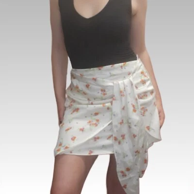 $7.31 • Buy BNWT Zara Satin Mini Skirt Large Front Tie Up Tulip Wrap Floral Print Ivory Bow