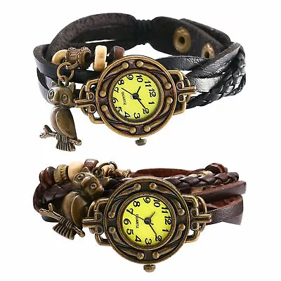 Womens Men Vintage Owl Charm Braided PU Leather Wrap Bracelet Quartz Wrist Watch • $8.99