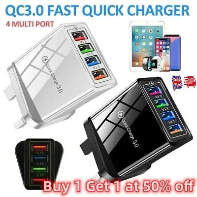 QC3.0 4 USB Plug Multi Ports Fast Charge Plug Mains Wall Charger Adapter UK EU • £4.99
