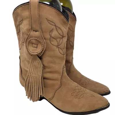 Vintage 90s Oak Tree Farms 7 Brown Tassle Coastal Cowgirl Boot Western Boho • $37.50