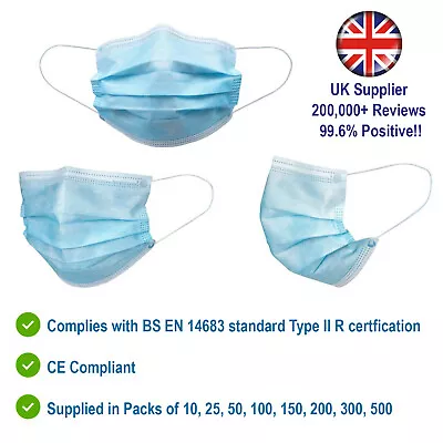 Surgical Face Mask Disposable Medical Dental PPE Germ Protection UK 50 100 3 Ply • £11.95