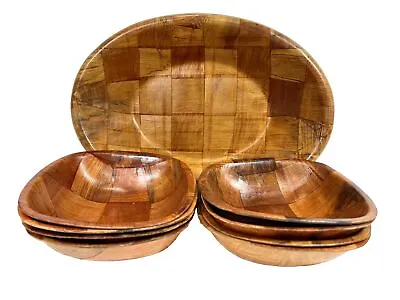 Vintage Parquet Woven Wooden Bowls Salad Snack Serving 9 Piece Set Mid Century • $27.50