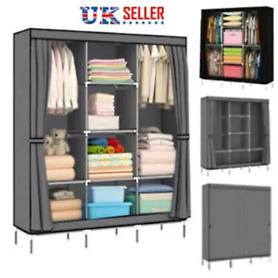 Large Fabric Canvas Wardrobe With Hanging Shelving Clothes Storage Closet Uk Hot • £22.99