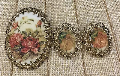 Vintage West Germany Sugared Enamel Flower Floral Rose Brooch & Clip Earring Set • $59