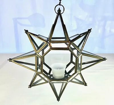 Handmade Hanging Star Lantern From India ~ Tea Light Holder Decor Wrought Brass • $24.95