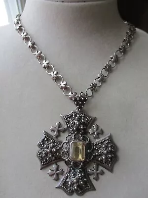 Vintage Repousse Sterling Jerusalem Crusader Maltese Cross Necklace 42.7 Grams • $155