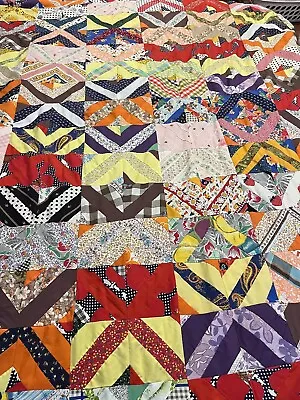 Vintage Patchwork Quilt Top Crazy Patches In Squares Cotton 74 X 91 Inches • $99