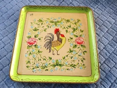 Vintage Green Paper Mache Tole Tray French Country Rooster Pink & Blue Flowers • $20.25