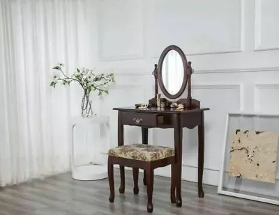 Vanity Makeup Dressing Table Set W/Stool Drawer Mirror Jewelry Wood Desk Set New • $129.99