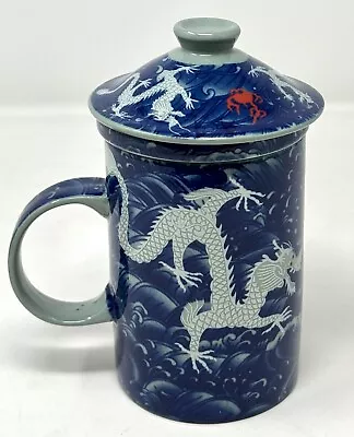 Chinese Porcelain Tea Mug With Lid & Infuser Dragons Blue With Red Accents F5007 • $18