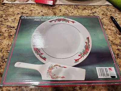 Vintage Christmas Poinsettias Ribbons Fine China Cake Plate And Server • $39.99