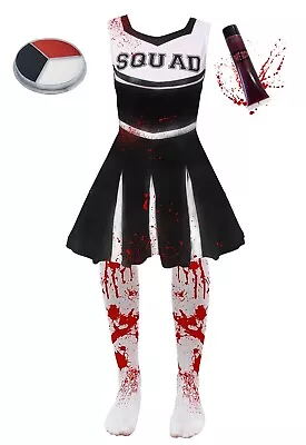 Girls Black Zombie Cheerleader Costume With Facepaint And Fake Blood • £11.99