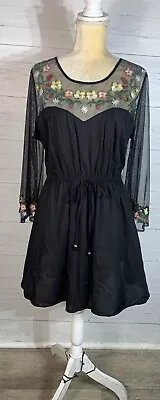 True Destiny Dress Black Embroidered Sheer Mesh Boho Mini Drawstring XL Juniors • $12.99