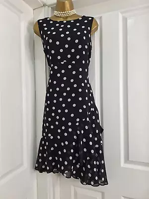 Wallis Black And White Polka Dot Print Chiffon Dress Size 10 Petite • £8