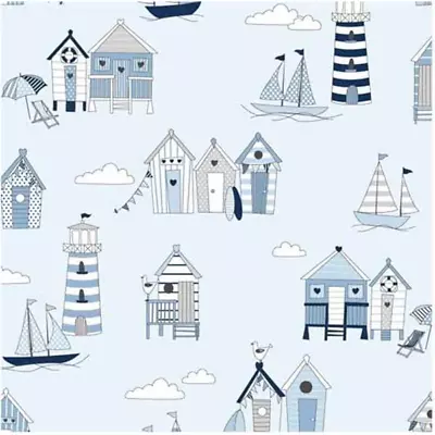 100% Cotton Fabric Lifestyle Beach Huts Lighthouses Sailing Boats 140cm Wide • £5