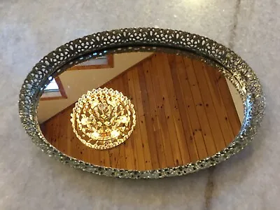 Vtg Antique Mirrored Vanity Table Centerpiece Tray Pierced Gold Ormolu Plateau • $49