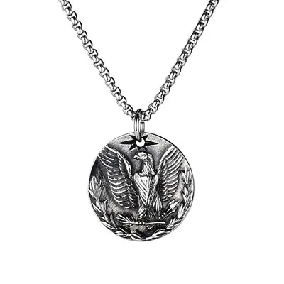 Mens Stainless Steel Silver Biker Patriotic American Eagle Pendant Necklace • £10.94