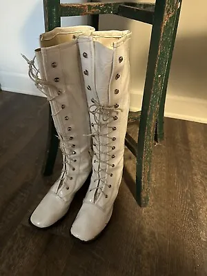 Vintage 60s White Vinyl Lace Up Go Go Boots Size 8-1/2 • $300