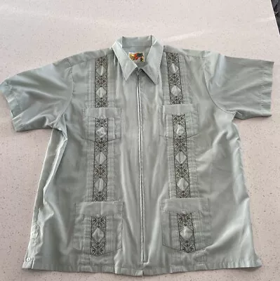 Vintage Genuine Haband Guayabera Zip Front Shirt Mens 4 Pocket Aqua Blue • $14.20