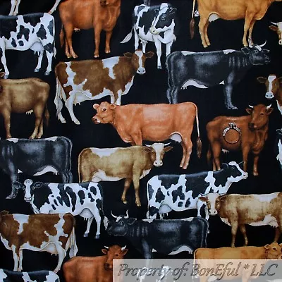 BonEful FABRIC FQ Cotton Quilt Black B&W Cow Skin Farm Animal Print Brown White • £5.11