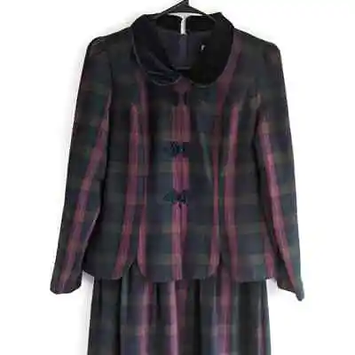 Vintage 90s Plaid Dress 6 Velvet Peter Pan Collar Dark Red Navy Blue Wool-Look • $49.99