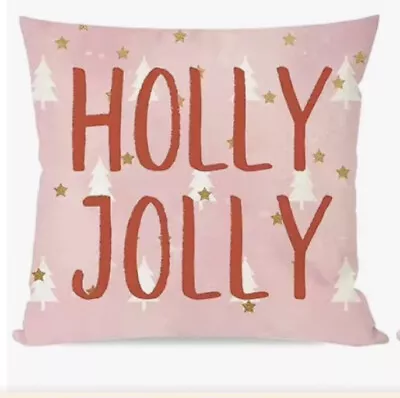 PINK HOLLY JOLLY  Whimsical Christmas Throw Pillow Cover Winter Holiday Decor • $13.08
