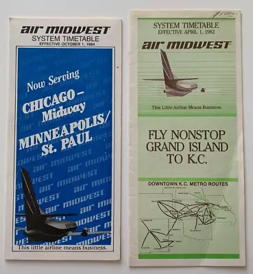 Vintage Lot (2) Air Midwest Airlines System Timetables April 1982 & Oct 1984 • $12.99