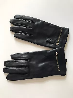 $25 • Buy Soft Leather Women Gloves Calvin Klein Medium Black Fleece Lined Zip Pocket NWOT