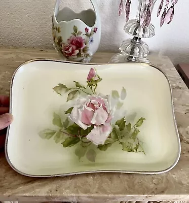 Antique T & V Limoges France Hand Painted Pink Rose Porcelain Vanity Tray • $21