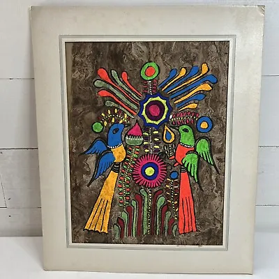 Amate Bark Mexican Folk Art Fluorescent Black Light Paint Flower Peacock 11x14 • $23.99