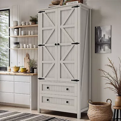 64.5  Tall Kitchen Pantry Storage Cabinet Cupboard With Barn Doors & 2 Drawers • $159.99